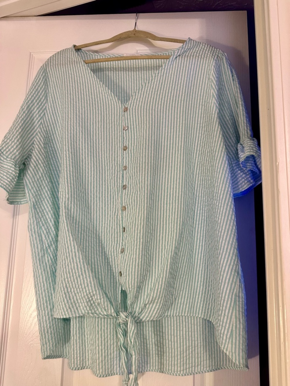 Chic Soul Jail House Rock Blouse in Light Blue Stripe-Tie-Front Women's Top